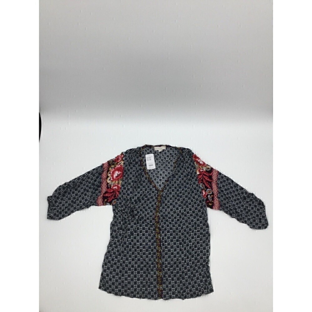 Weekend Suzanne Betro 3/4 Sleeve Navy & White Floral V-Neck Top size Large